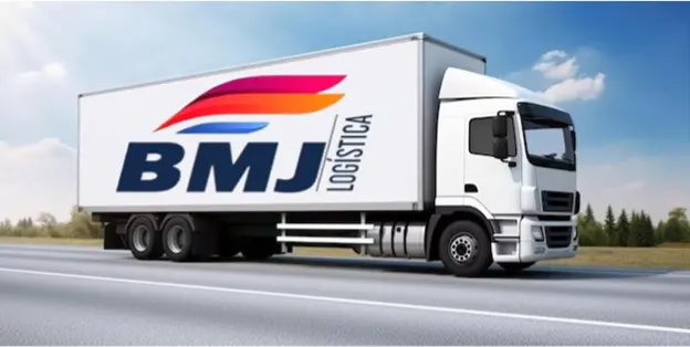 Caminhão baú branco com a marca BMJ Logística